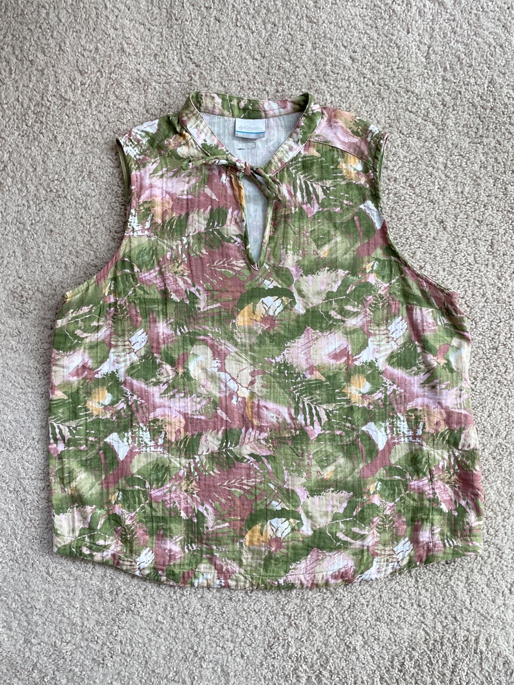 Columbia Tropical Floral Pink Green Cotton Sleeveless Front Tie Top Size Large